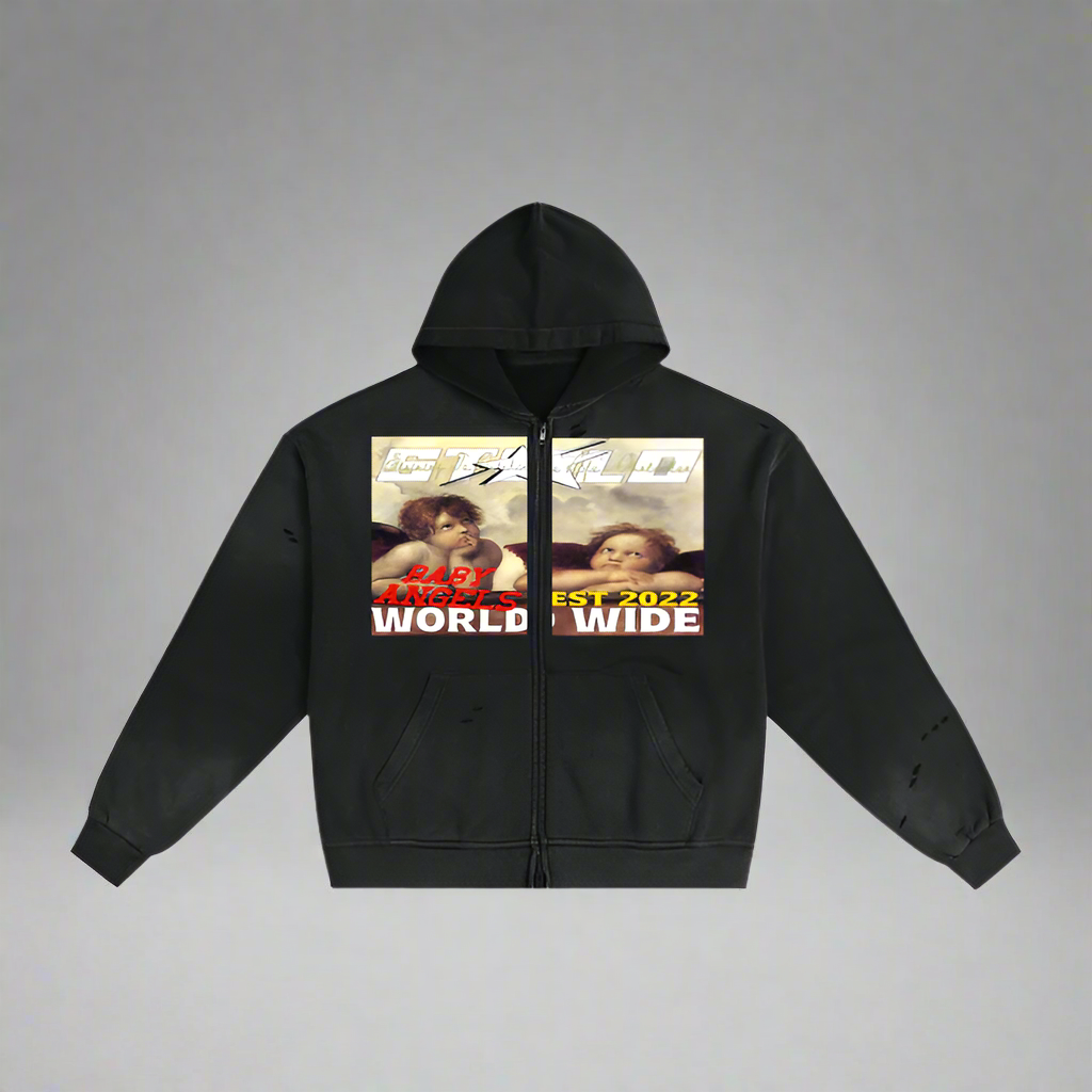 Limited Edition Stolo Clothing Co BABY ANGELS Hand-Frayed Sun Faded Double Zip Up Hoodie
