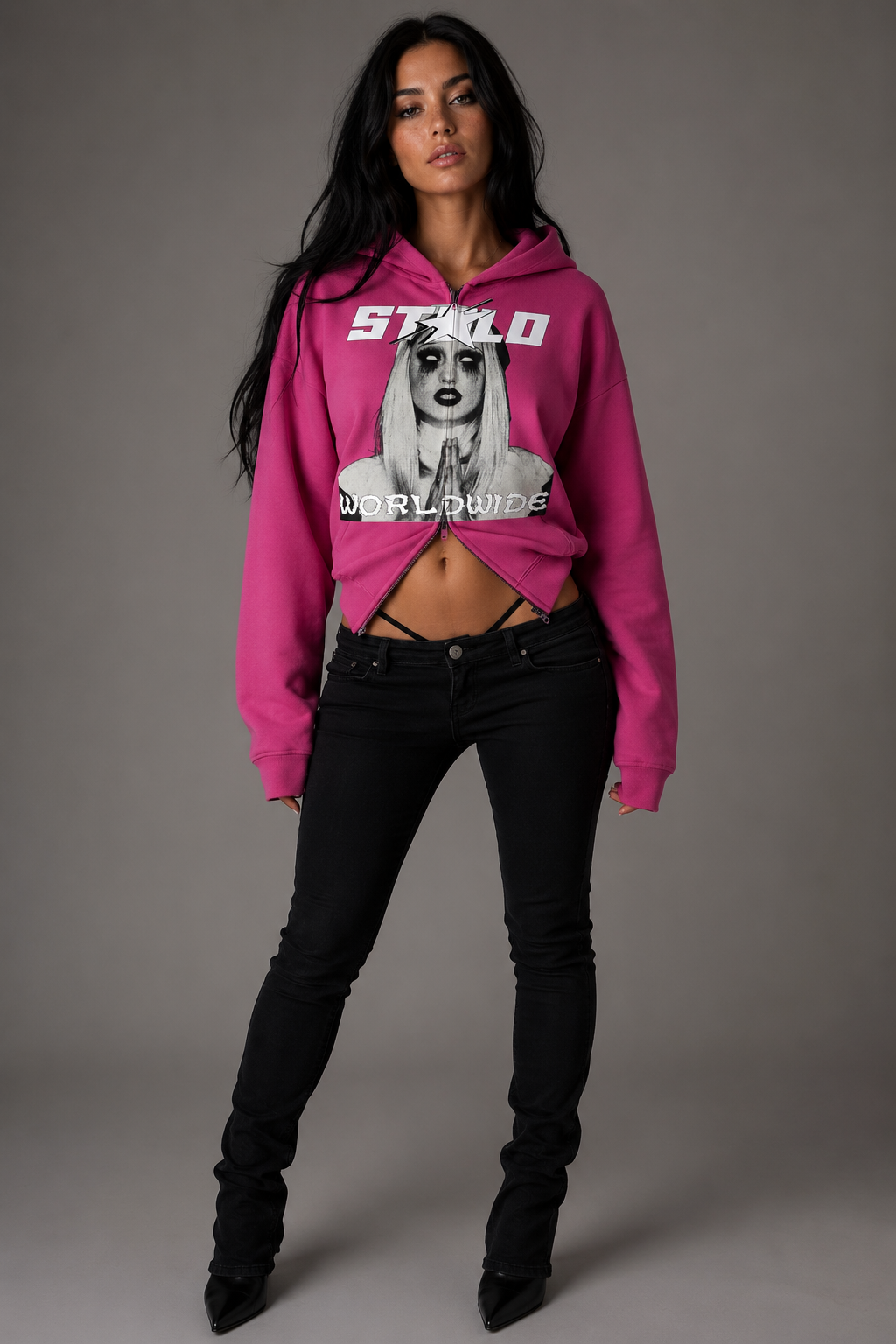 Stolo Clothing Co PREYING NUN Heavyweight Cropped Double Zip-Up Hoodie (460GSM)