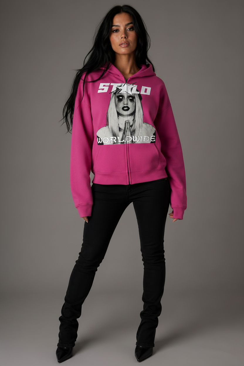 Stolo Clothing Co PREYING NUN Heavyweight Cropped Double Zip-Up Hoodie (460GSM)