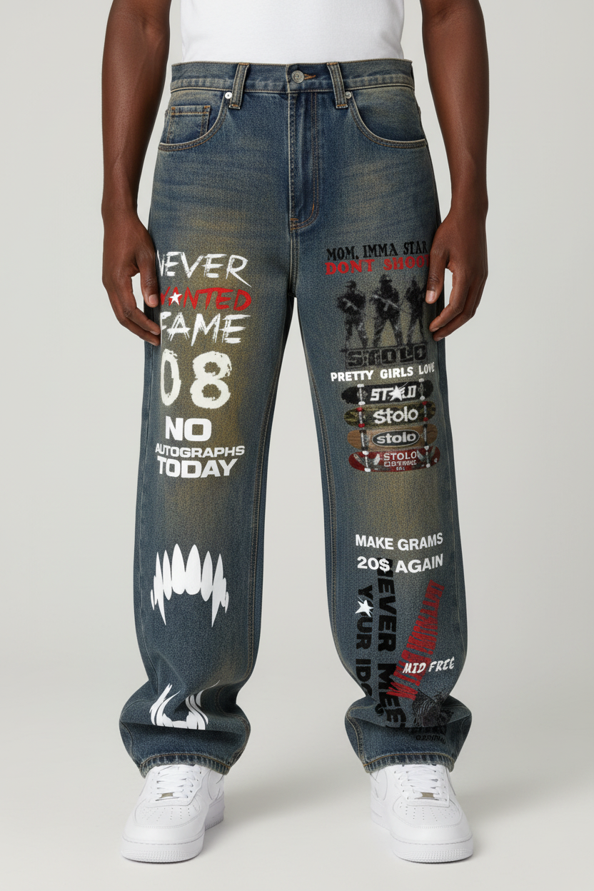 Stolo Clothing Co GRAFFITI Vintage Wash Wide Leg Denim Jeans