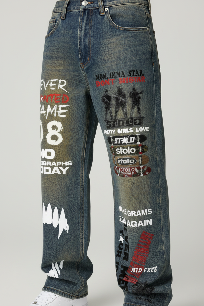 Stolo Clothing Co GRAFFITI Vintage Wash Wide Leg Denim Jeans