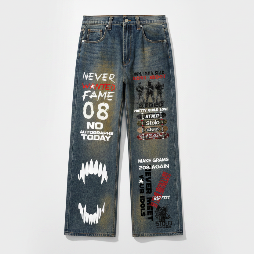 Stolo Clothing Co GRAFFITI Vintage Wash Wide Leg Denim Jeans