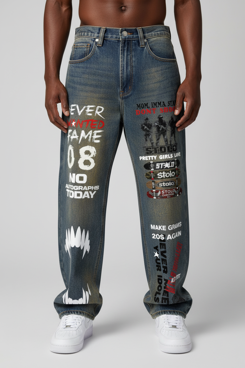 Stolo Clothing Co GRAFFITI Vintage Wash Wide Leg Denim Jeans