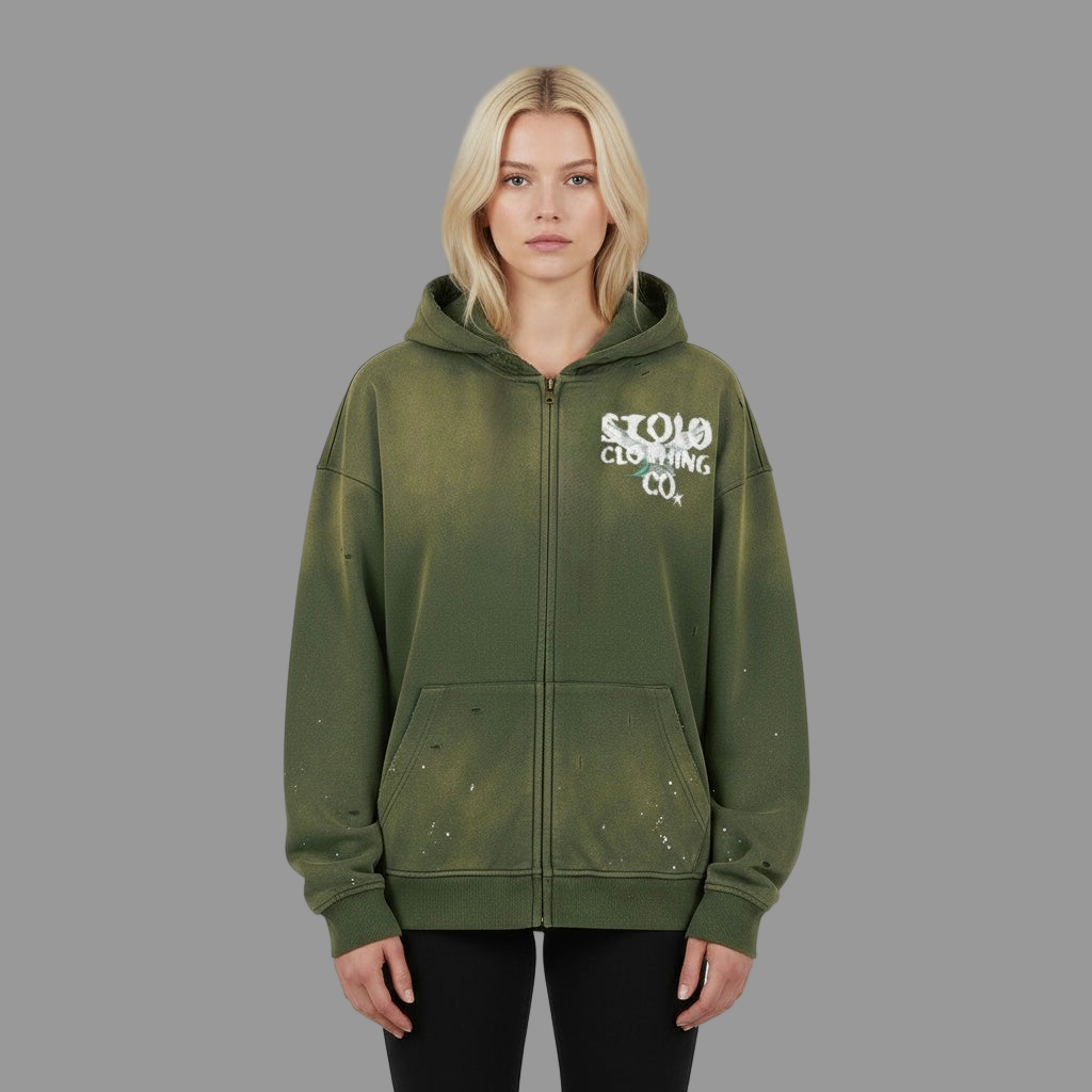 Limited Edition Stolo Clothing Co Birdies Mineral Green Sun Faded Hand Frayed Hoodie