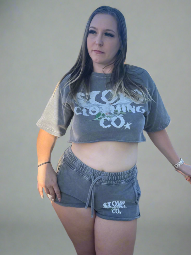 Stolo Clothing Co Birdies Snow Washed Raw Edge Crop Top Tee