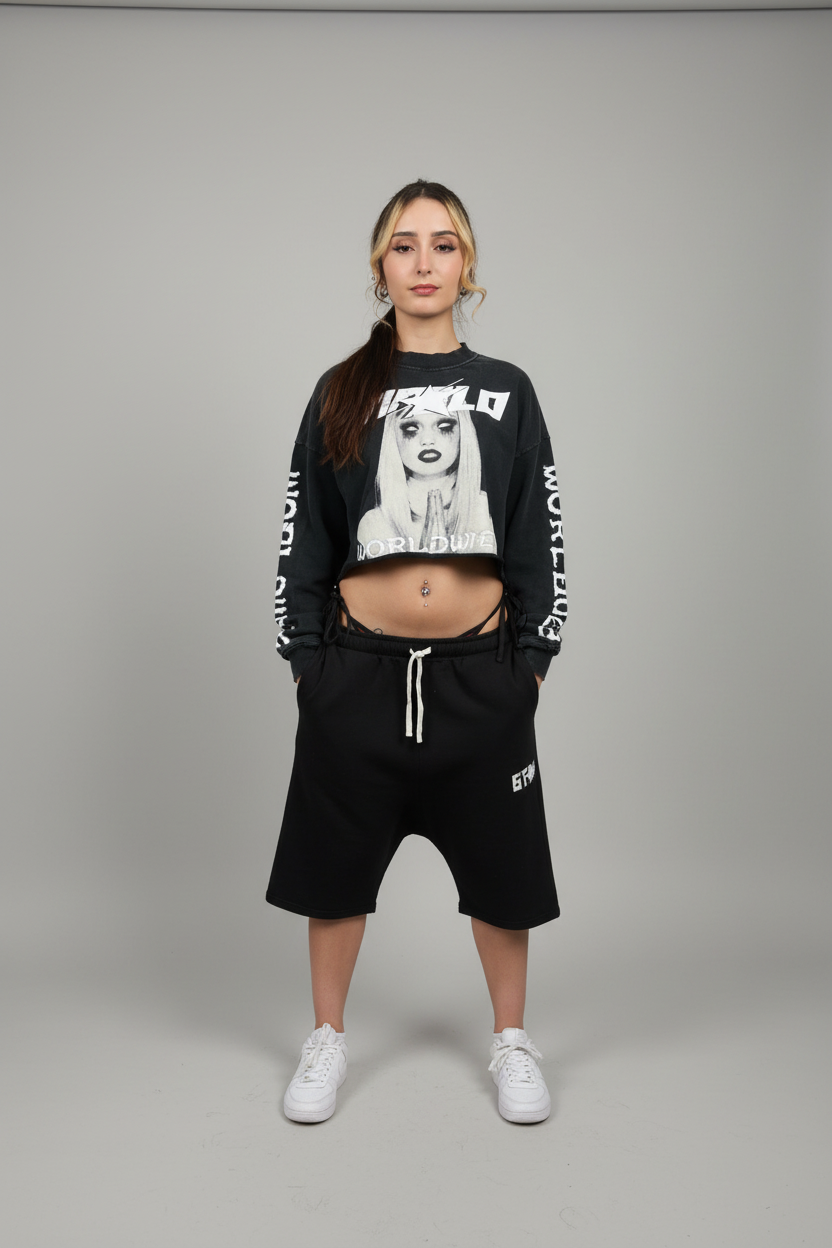 Stolo Clothing Co PREYING NUN Raw-Edge Cropped Washed Crew Neck Sweatshirt (380GSM)
