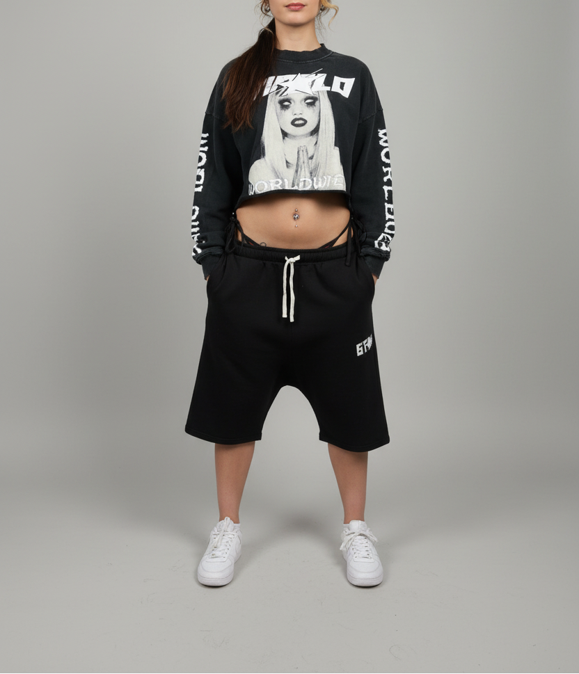 Stolo Clothing Co PREYING NUN Cropped Heavyweight Washed Raw-Edge Crew Neck Sweatshirt (380GSM)