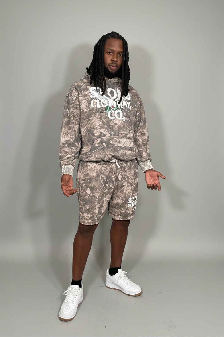 Stolo Clothing Co Birdies Tree Print Camo French Terry Cotton Shorts