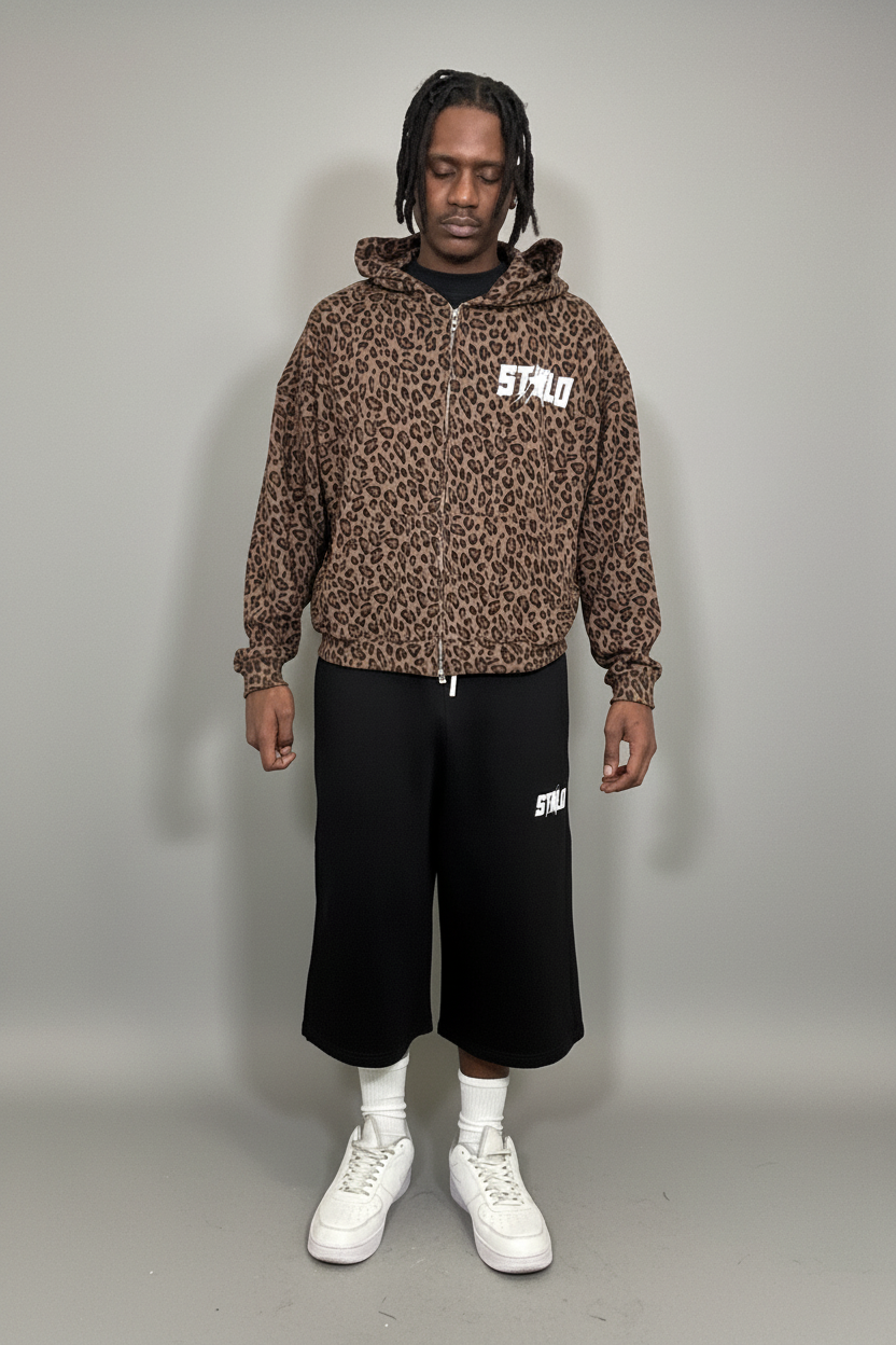 Stolo Clothing Co STARCHILD Leopard Print Waffle Texture Lightweight Double Zip Up Hoodie