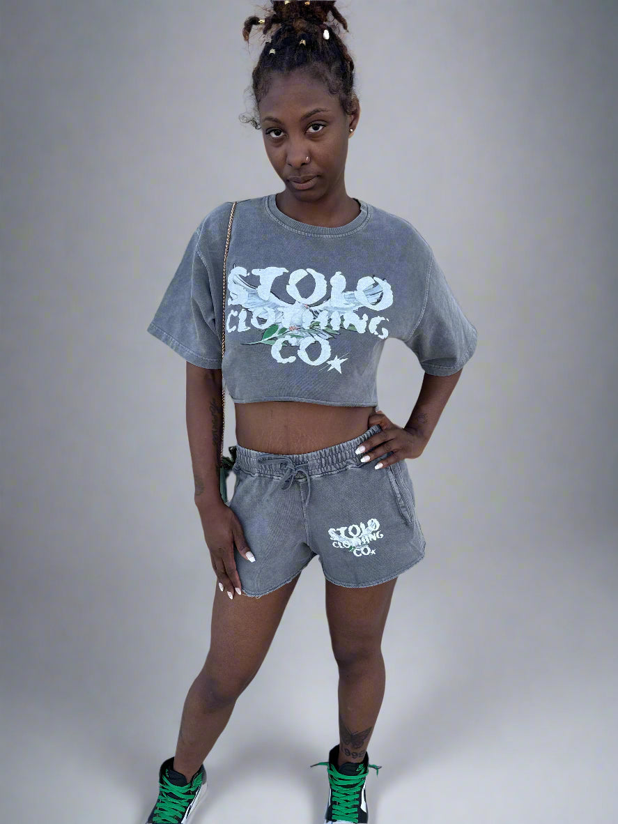 Stolo Clothing Co Birdies Snow Washed Raw Edge Drawstring Shorts