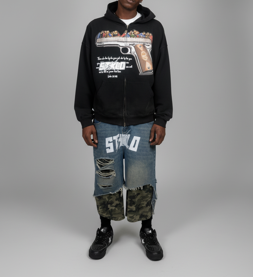 Stolo Clothing Co LUKE 22:36 Hand-Frayed Sun-Faded Double Zip-Up Hoodie (420 GSM)