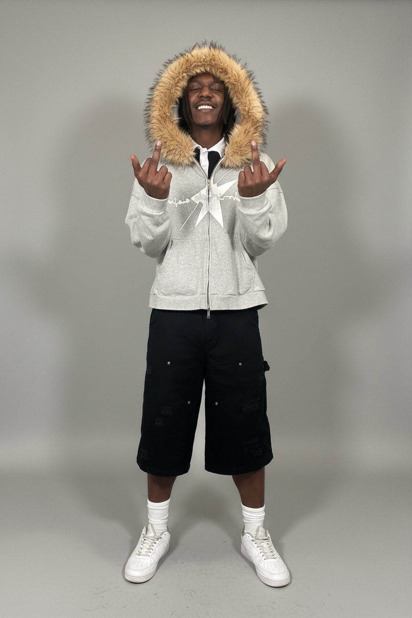 Stolo Clothing Co LOGO Grey Detectable Fur Double Zip-Up Hoodie（400GSM)
