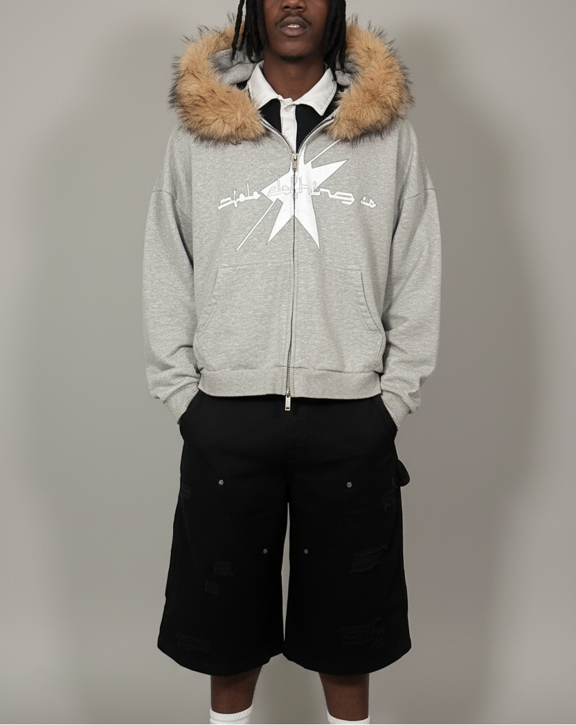 Stolo Clothing Co LOGO Grey Detectable Fur Double Zip-Up Hoodie（400GSM)