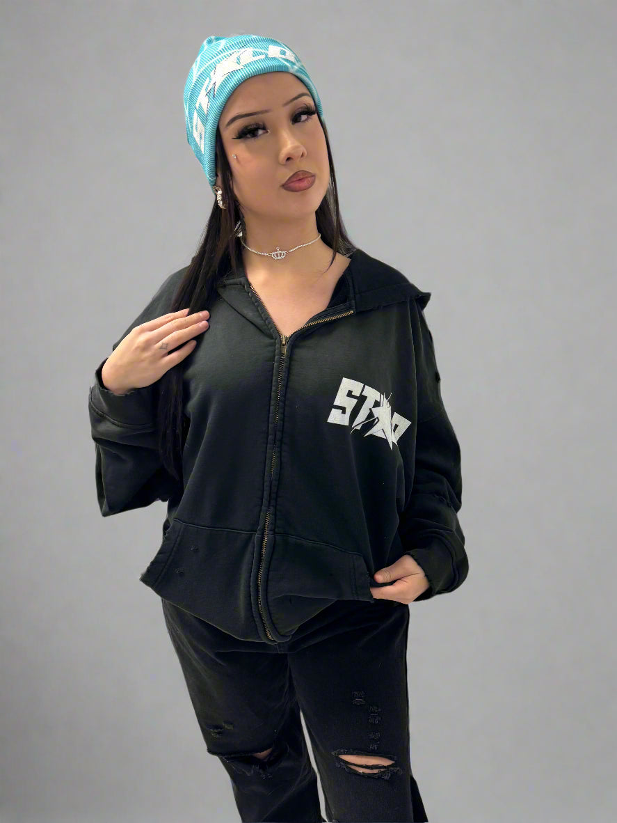 Stolo Clothing Co STARCHILD Pure Cotton Hand-Frayed Sun Faded Double Zip Hoodie