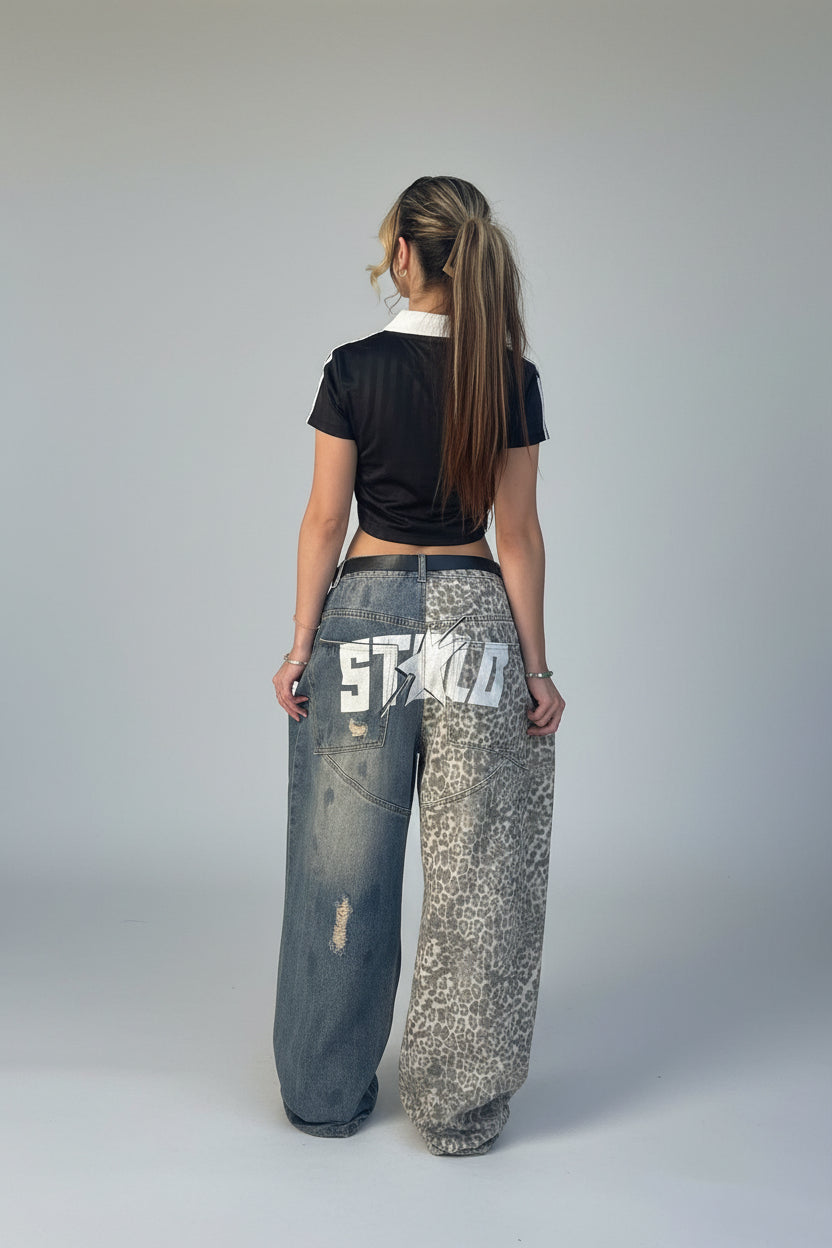 Stolo Clothing Co STARCHILD Half Leopard Print Blue Distressed Baggy Denim Jeans