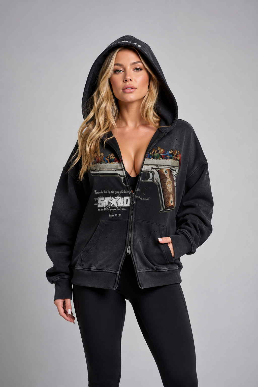 Stolo Clothing Co LUKE 22:36 Hand-Frayed Sun-Faded Double Zip-Up Hoodie (420 GSM)