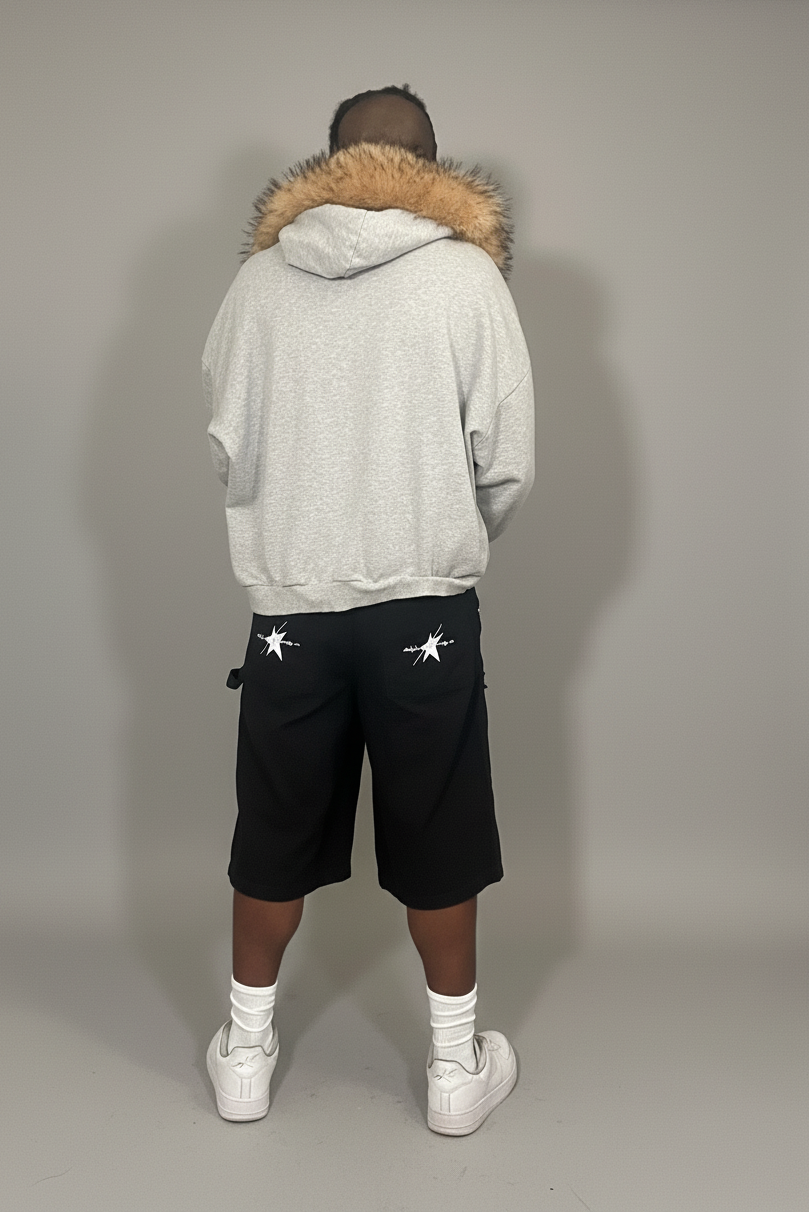 Stolo Clothing Co LOGO Grey Detectable Fur Double Zip-Up Hoodie（400GSM)