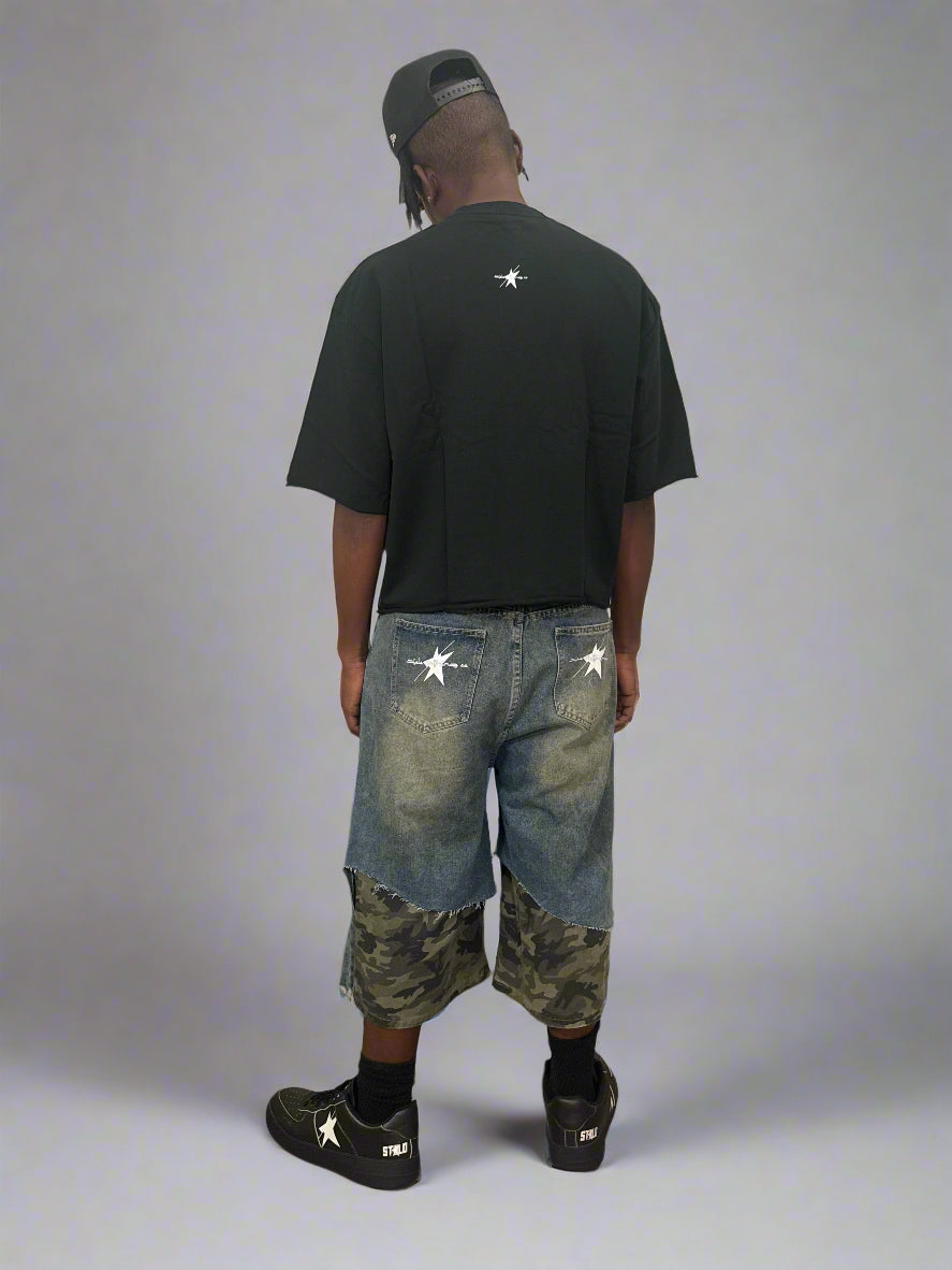 Stolo Clothing Co STARCHILD Half Camouflage Half Frayed Denim Shorts (JORTS)