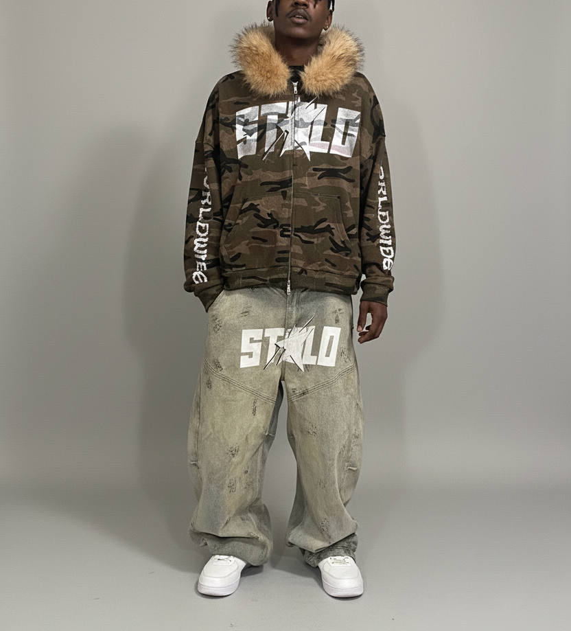 Stolo Clothing Co STARCHILD X WORLD WIDE AMERICA PRINT Unisex Heavyweight Camo Detachable Fur Double Zip-Up Hoodie (400GSM)