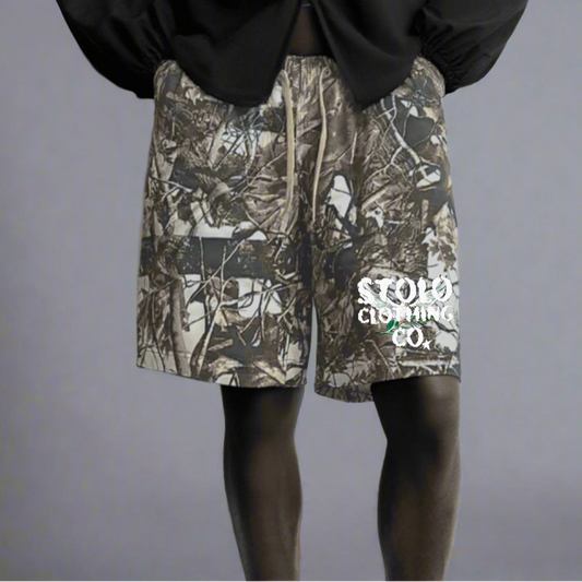 Stolo Clothing Co Birdies Cotton French Terry Tree Print Camo Shorts
