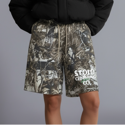 Stolo Clothing Co Birdies Cotton French Terry Tree Print Camo Shorts
