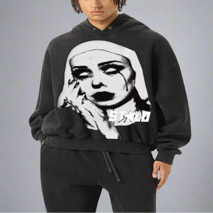 Stolo Clothing Co EVIL NUN Hand-Frayed Enzyme Washed Fleece Hoodie