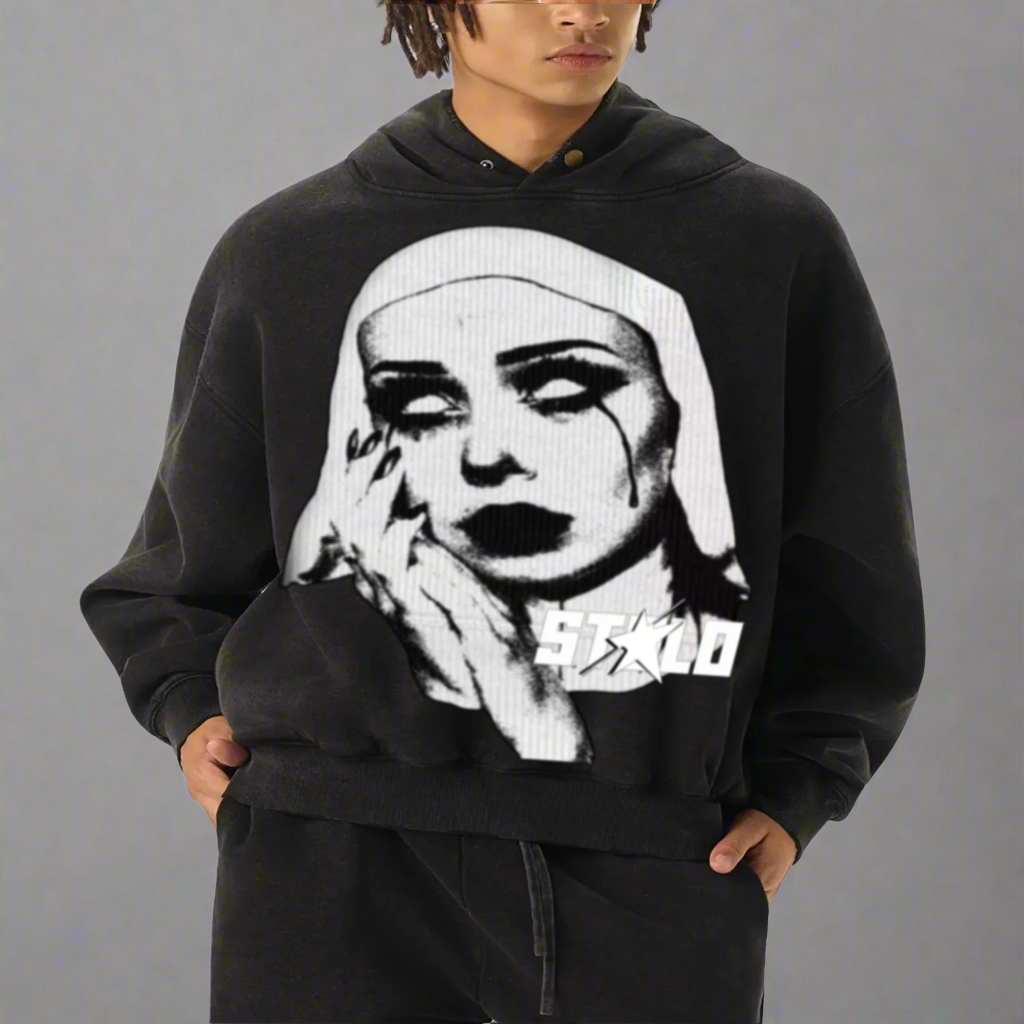 Stolo Clothing Co EVIL NUN Hand-Frayed Enzyme Washed Fleece Hoodie