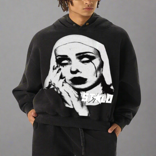 Stolo Clothing Co EVIL NUN Hand-Frayed Enzyme Washed Fleece Hoodie