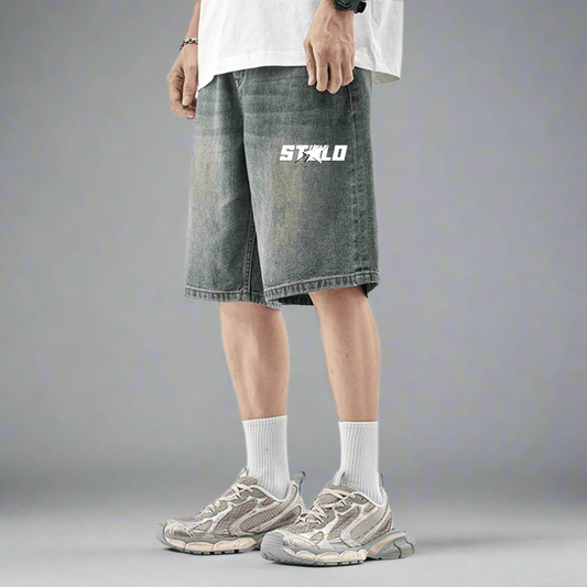 Stolo Clothing Co STARCHILD Vintage Faded Blue Straight-Leg Loose Denim Shorts (JORTS)
