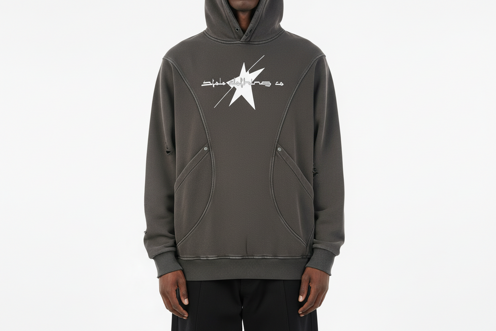 Stolo Clothing Co LOGO Distressed Snow Washed Panel Pocket Hoodie