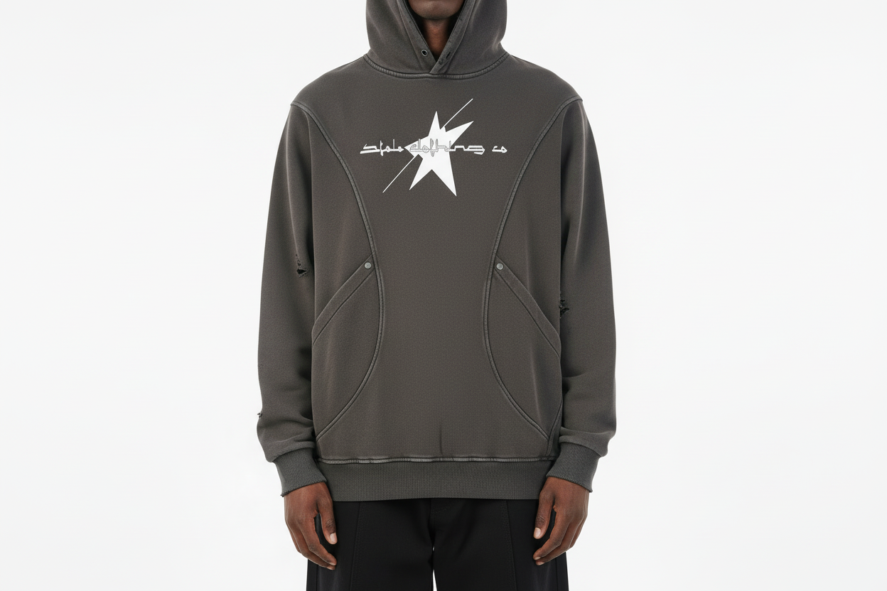 Stolo Clothing Co LOGO Distressed Snow Washed Panel Pocket Hoodie