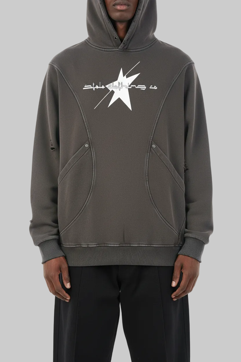 Stolo Clothing Co LOGO Distressed Snow Washed Panel Pocket Hoodie