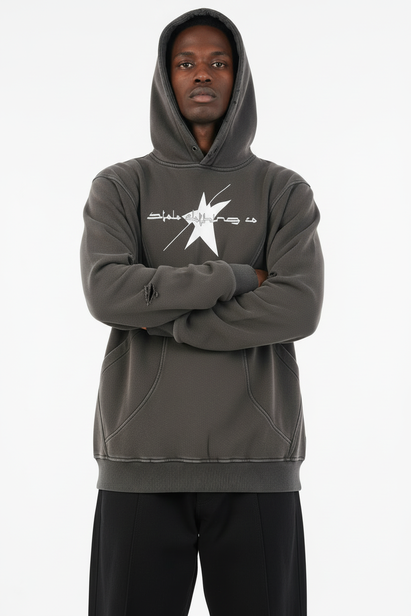 Stolo Clothing Co LOGO Distressed Snow Washed Panel Pocket Hoodie