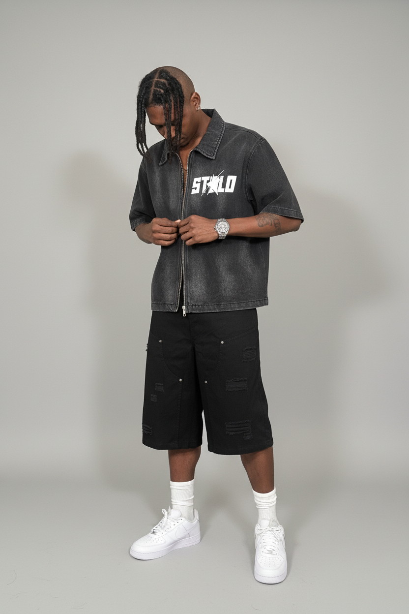 Stolo Clothing Co STARCHILD REBORN  Sun Faded Vintage Washed Full-Zip Denim Tee Shirt