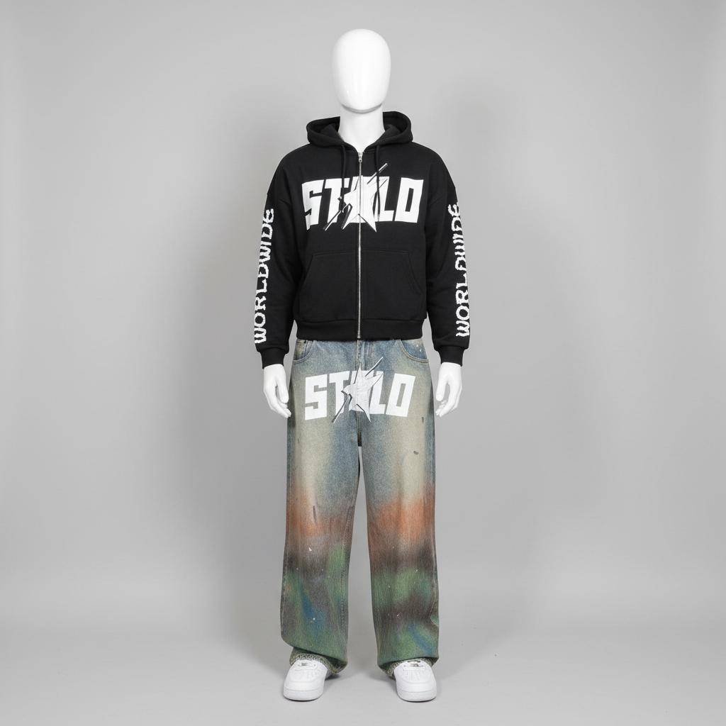 Stolo Clothing Co STARCHILD 1 Of 1 Hand Painted-Splatter Distressed Unisex Baggy Denim Jeans