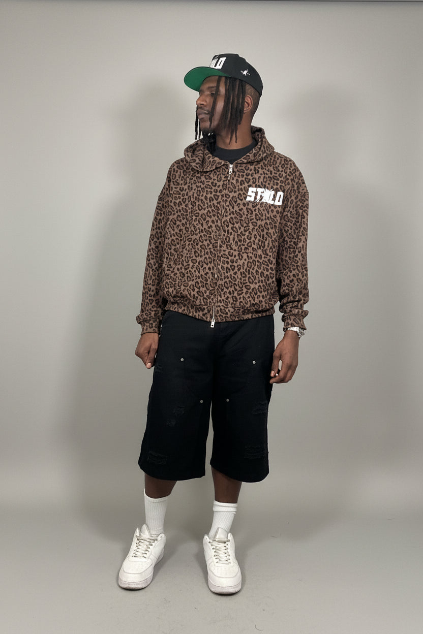 Stolo Clothing Co STARCHILD Leopard Print Waffle Texture Lightweight Double Zip Up Hoodie