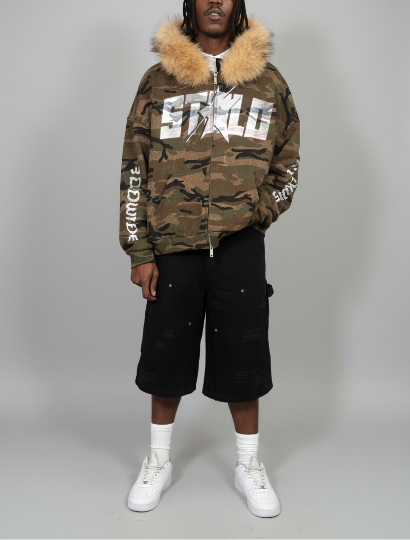 Stolo Clothing Co STARCHILD X WORLD WIDE AMERICA PRINT Unisex Heavyweight Camo Detachable Fur Double Zip-Up Hoodie (400GSM)