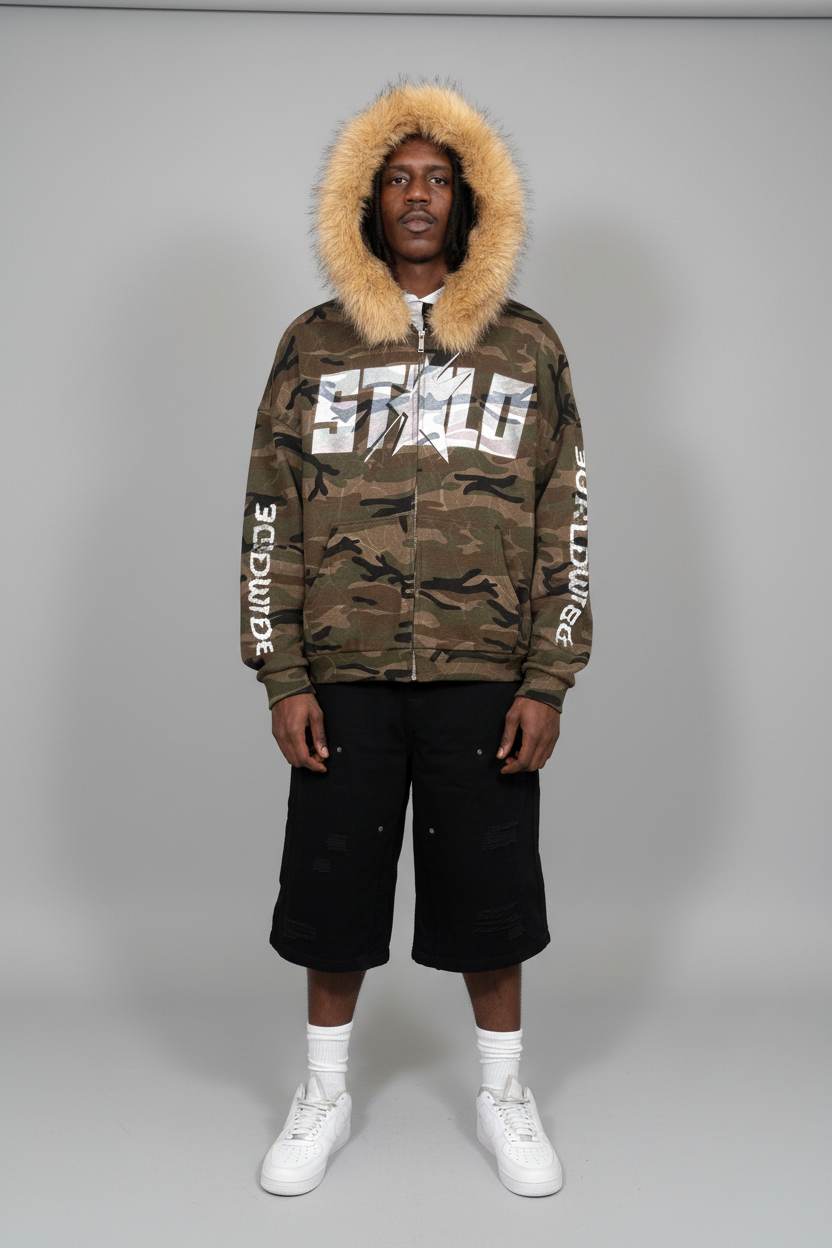 Stolo Clothing Co STARCHILD X WORLD WIDE AMERICA PRINT Unisex Heavyweight Camo Detachable Fur Double Zip-Up Hoodie (400GSM)