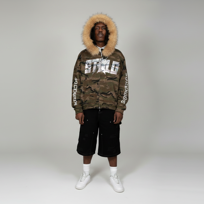 Stolo Clothing Co STARCHILD X WORLD WIDE AMERICA PRINT Unisex Heavyweight Camo Detachable Fur Double Zip-Up Hoodie (400GSM)