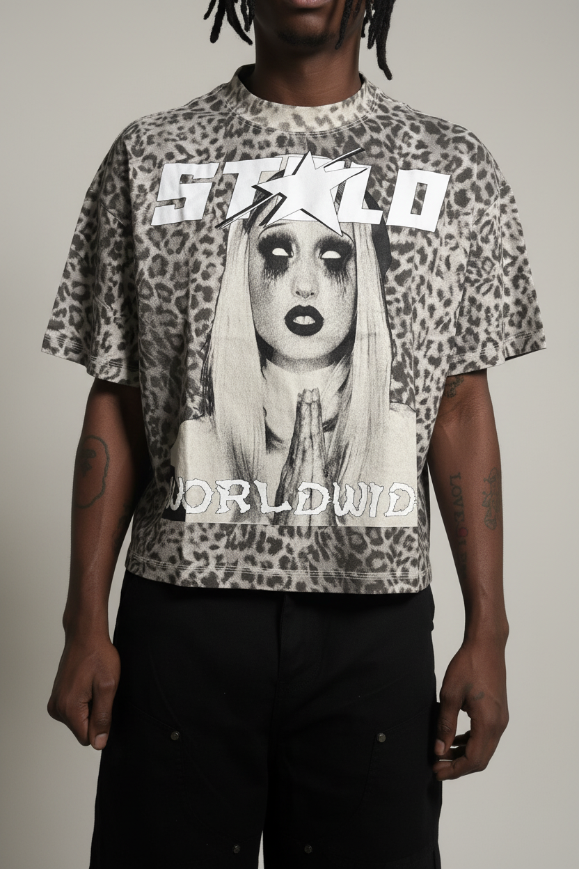 Stolo Clothing Co PREYING NUN Leopard Print Boxy Tee (240GSM)