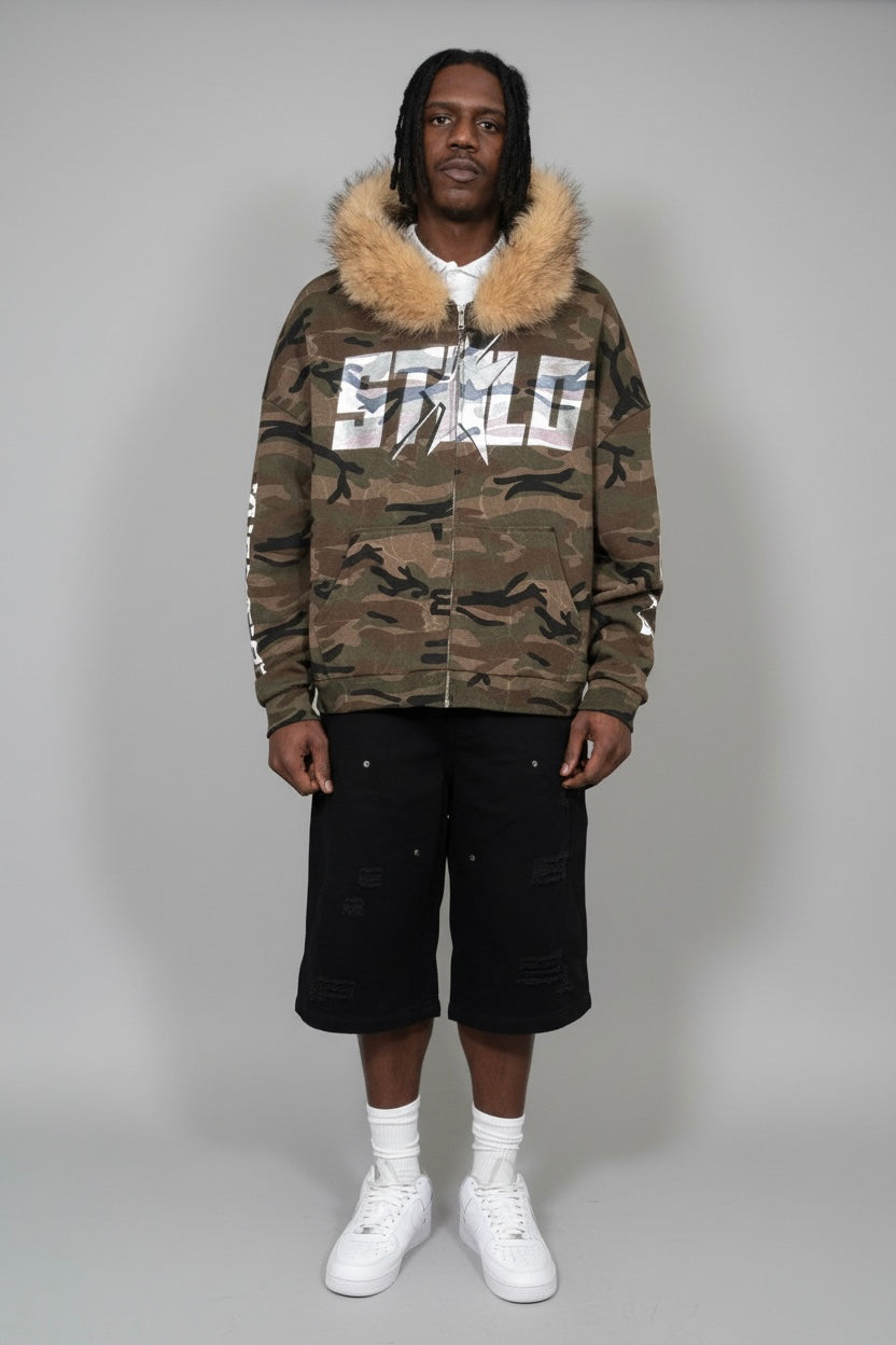 Stolo Clothing Co STARCHILD X WORLD WIDE AMERICA PRINT Unisex Heavyweight Camo Detachable Fur Double Zip-Up Hoodie (400GSM)