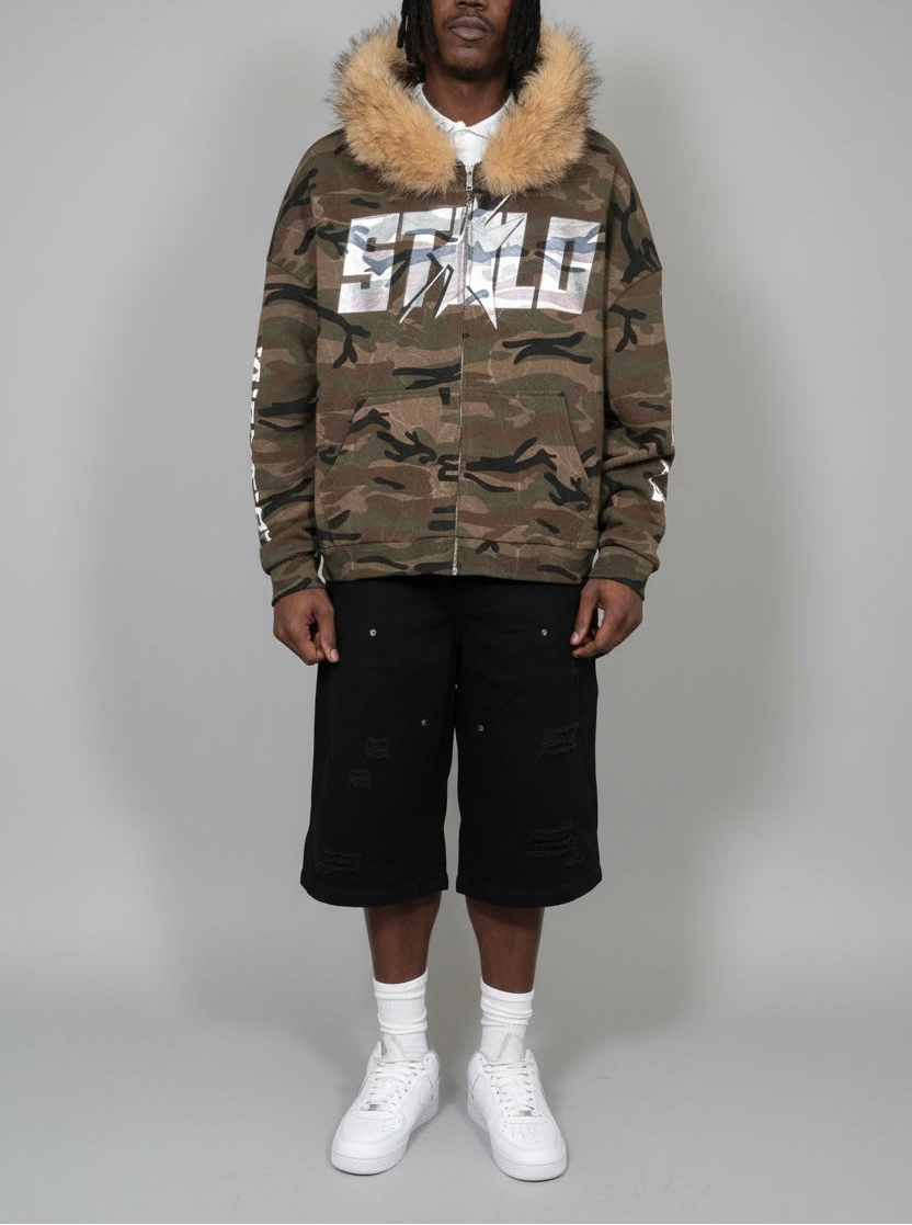 Stolo Clothing Co STARCHILD X WORLD WIDE AMERICA PRINT Unisex Heavyweight Camo Detachable Fur Double Zip-Up Hoodie (400GSM)