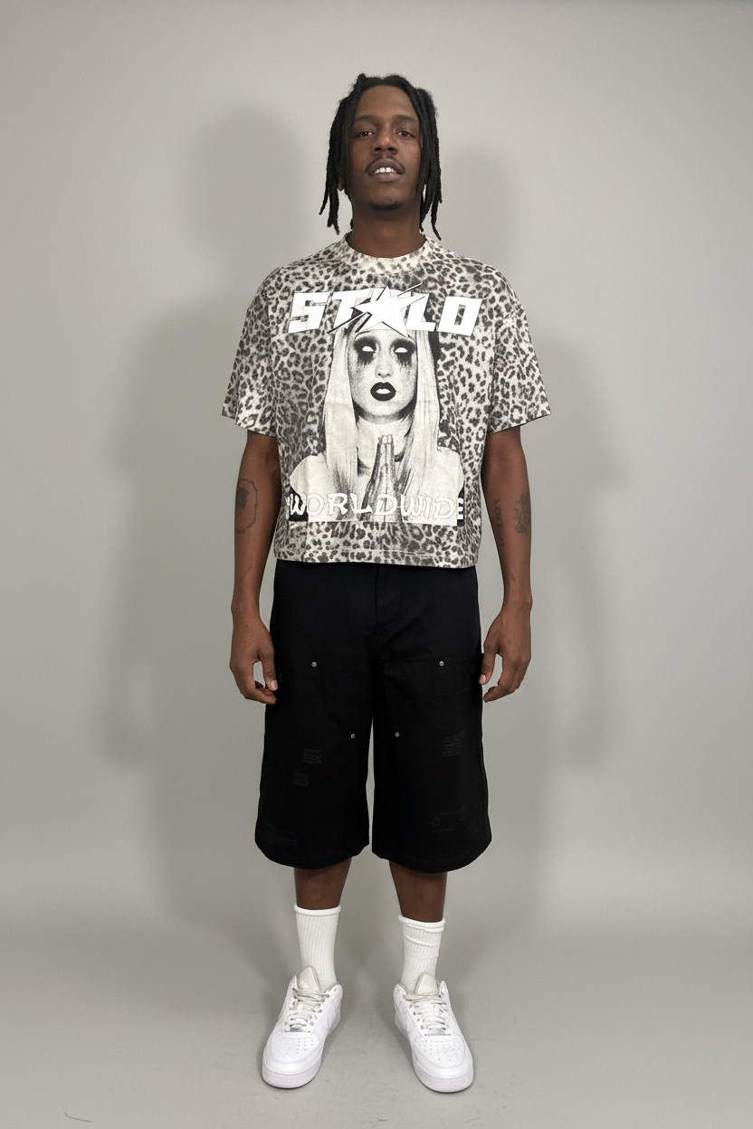 Stolo Clothing Co PREYING NUN Leopard Print Boxy Tee (240GSM)