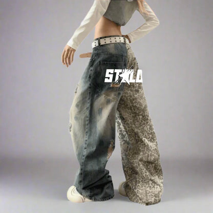 Stolo Clothing Co STARCHILD Back Print Washed Distressed Leopard Print Ripped Baggy Denim Jeans