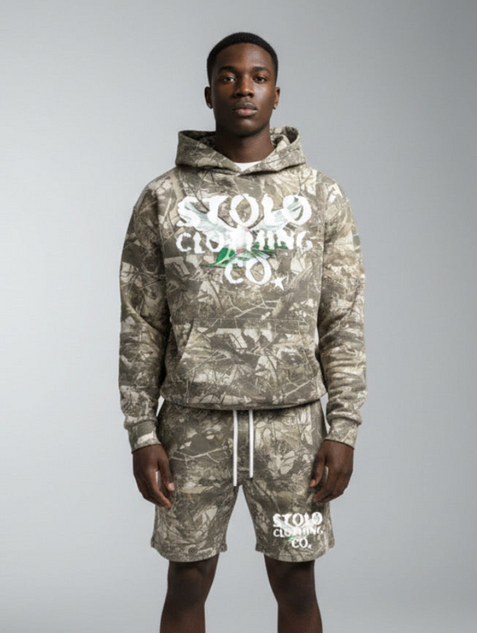 Stolo Clothing Co Birdies Cotton French Terry Tree Print Camo Shorts