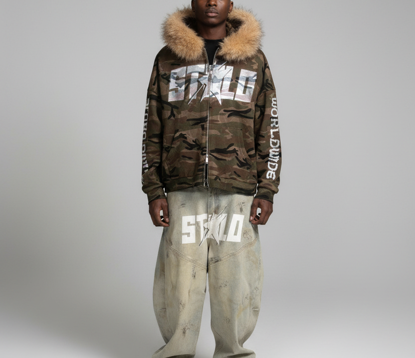 Stolo Clothing Co STARCHILD X WORLD WIDE AMERICA PRINT Unisex Heavyweight Camo Detachable Fur Double Zip-Up Hoodie (400GSM)