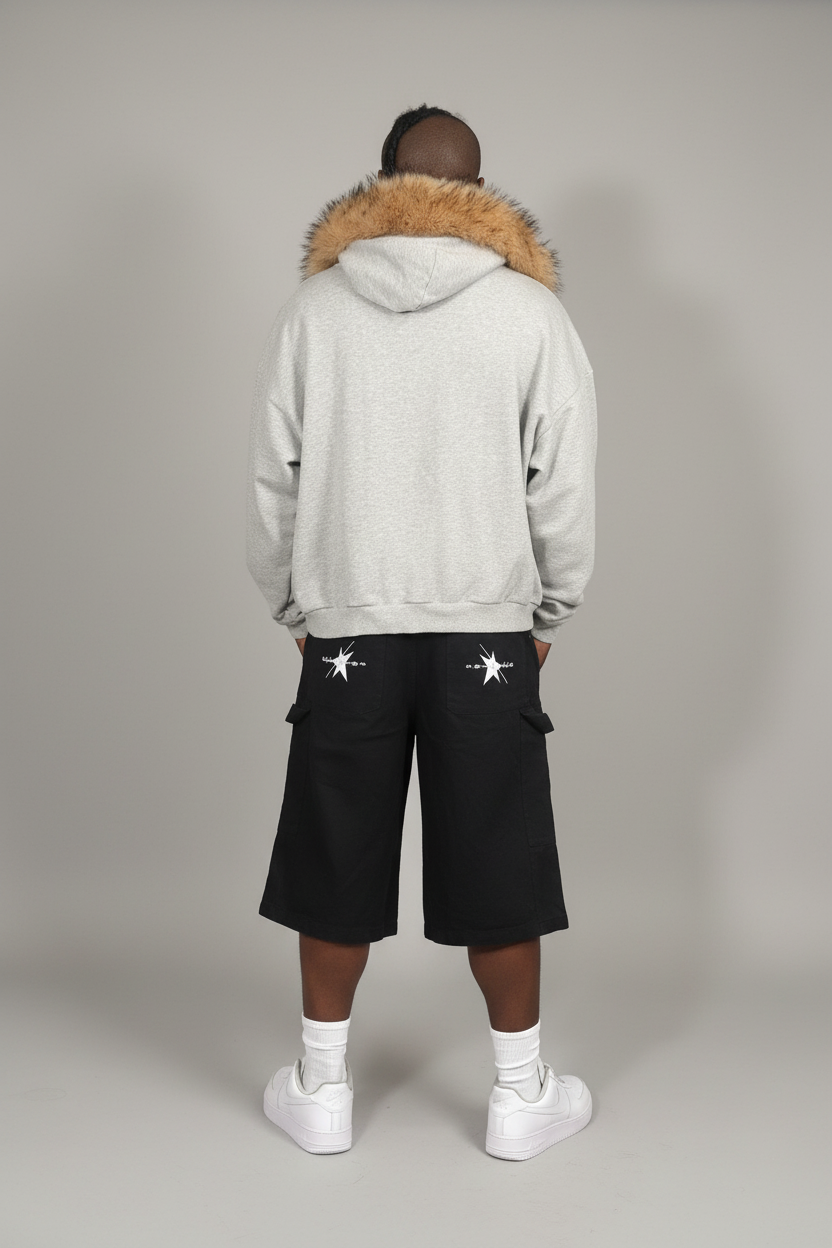 Stolo Clothing Co LOGO Grey Detectable Fur Double Zip-Up Hoodie（400GSM)