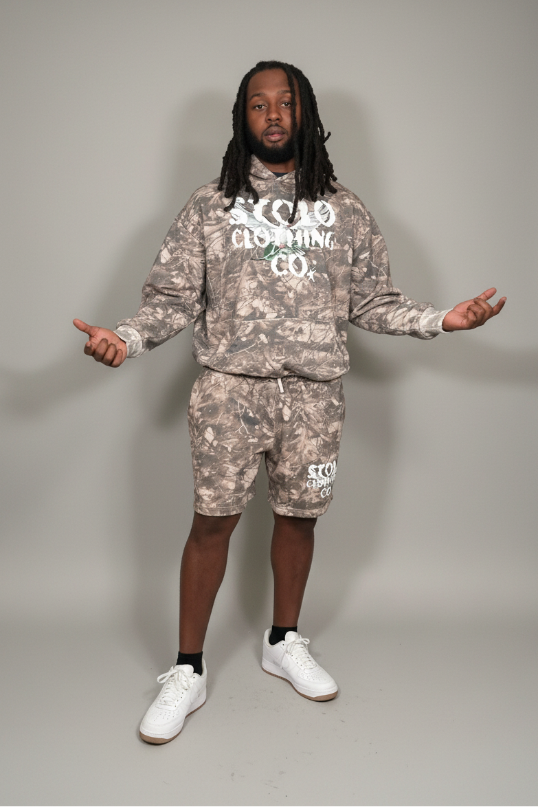 Stolo Clothing Co Birdies Tree Print Camo French Terry Cotton Shorts