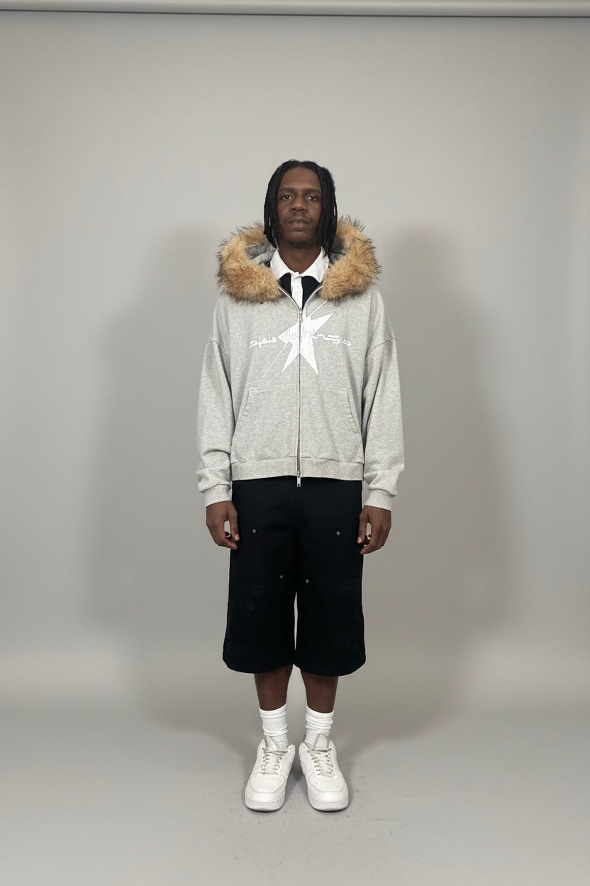 Stolo Clothing Co LOGO Grey Detectable Fur Double Zip-Up Hoodie（400GSM)