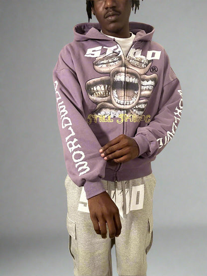 Limited Edition Stolo Clothing Co Still Shining x World Wide Cropped Double-Zip Up Hoodie